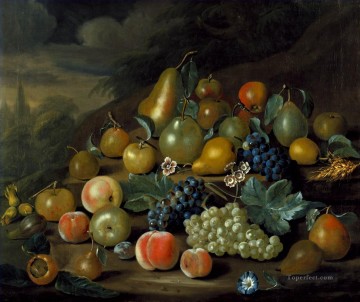 Una naturaleza muerta de peras, melocotones y uvas de Charles Collins Pinturas al óleo